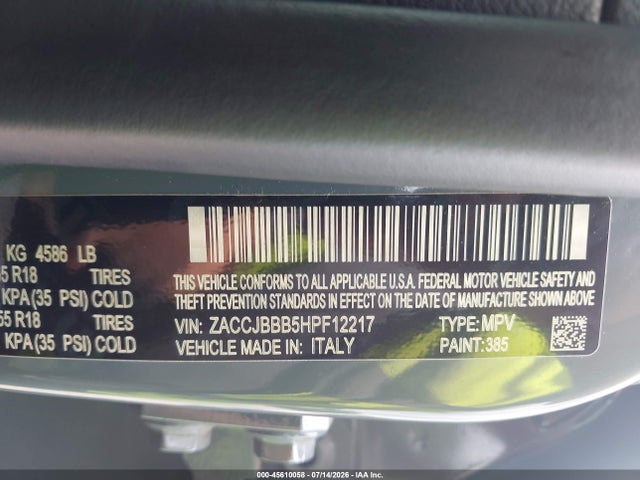 2017 Jeep Renegade Altitude მანქანა იყიდება აუქციონზე, vin: ZACCJBBB5HPF12217, აუქციონის ნომერი: 45610058
