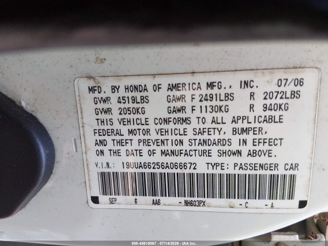 45610067 :رقم المزاد ، 19UUA66256A066672 vin ، 2006 Acura Tl مزاد بيع