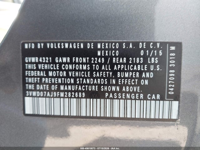 45610073 :رقم المزاد ، 3VWD07AJ9FM282689 vin ، 2015 Volkswagen Jetta 1.8t Se مزاد بيع