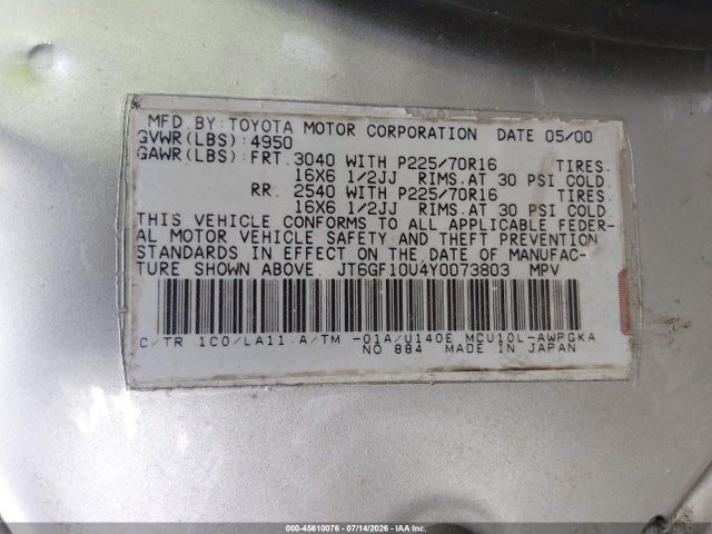 Продажа на аукционе авто 2000 Lexus Rx 300, vin: JT6GF10U4Y0073803, номер лота: 45610076