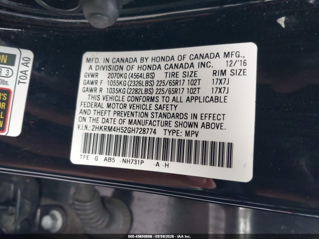 Aukcja sprzedaży 2016 Honda Cr-v Ex, vin: 2HKRM4H52GH728774, numer aukcji: 45610086