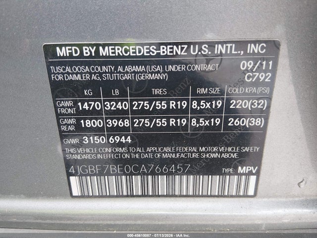 2012 Mercedes-benz Gl 450 4matic მანქანა იყიდება აუქციონზე, vin: 4JGBF7BE0CA766457, აუქციონის ნომერი: 45610087