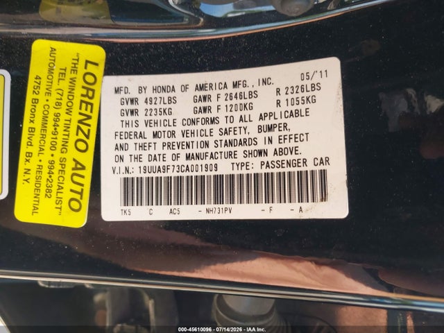 Aukcja sprzedaży 2012 Acura Tl 3.7, vin: 19UUA9F73CA001909, numer aukcji: 45610096