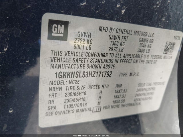 2017 Gmc Acadia Sle-2 მანქანა იყიდება აუქციონზე, vin: 1GKKNSLS3HZ171792, აუქციონის ნომერი: 45610121