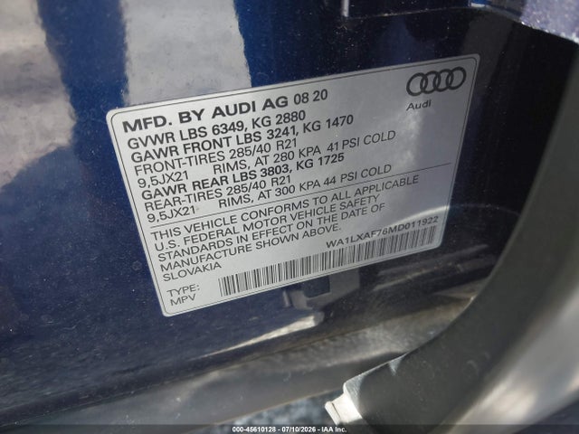 45610128 :رقم المزاد ، WA1LXAF76MD011922 vin ، 2021 Audi Q7 Premium Plus 55 Tfsi Quattro Tiptronic مزاد بيع