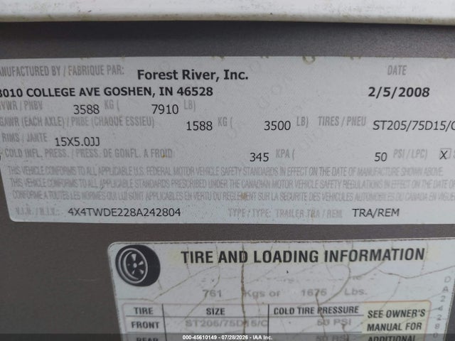 45610149 :رقم المزاد ، 4X4TWDE228A242804 vin ، 2008 Wildwood Fifth Wheel مزاد بيع