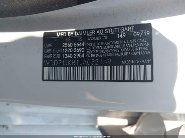 45610172 :رقم المزاد ، WDD2J5KB1LA052159 vin ، 2020 Mercedes-benz Cls 450 4matic مزاد بيع