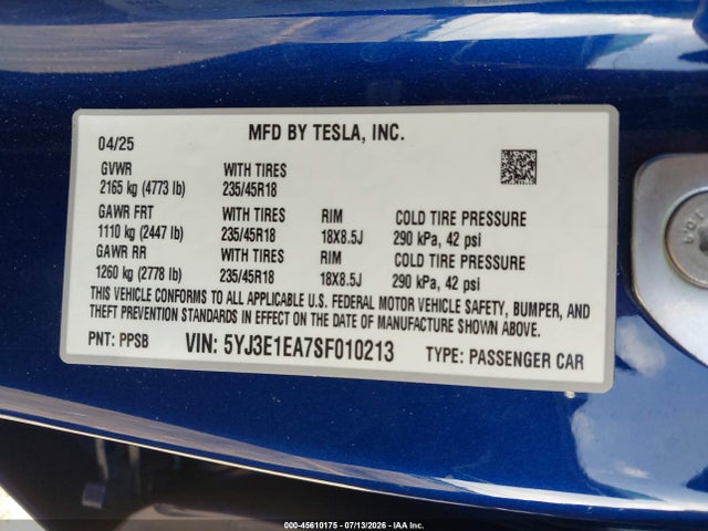 Aukcja sprzedaży 2025 Tesla Model 3 Long Range Rear-wheel Drive/standard Rear-wheel Drive, vin: 5YJ3E1EA7SF010213, numer aukcji: 45610175
