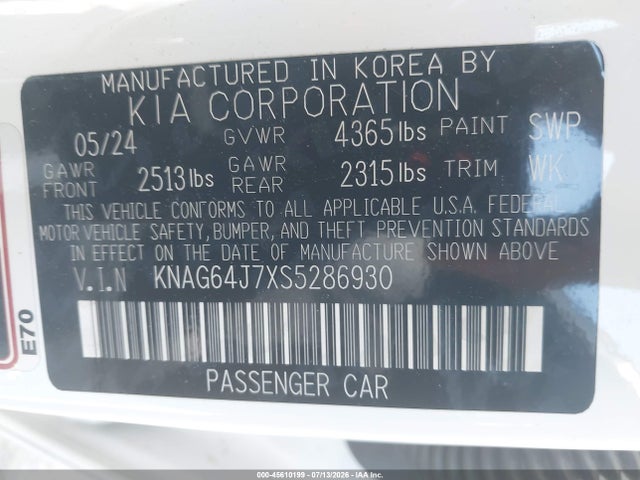 Aukcja sprzedaży 2025 Kia K5 Gt-line, vin: KNAG64J7XS5286930, numer aukcji: 45610199