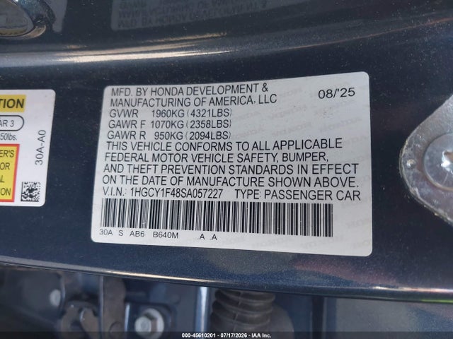 Продажа на аукционе авто 2025 Honda Accord Se, vin: 1HGCY1F48SA057227, номер лота: 45610201