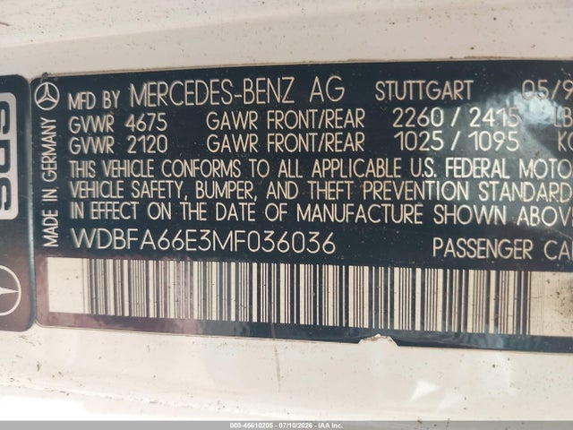 45610205 :رقم المزاد ، WDBFA66E3MF036036 vin ، 1991 Mercedes-benz 500 Sl مزاد بيع