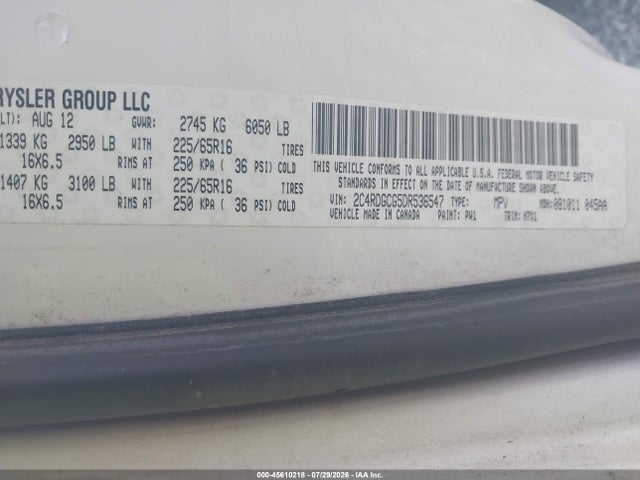 45610218 :رقم المزاد ، 2C4RDGCG5DR536547 vin ، 2013 Dodge Grand Caravan Sxt مزاد بيع