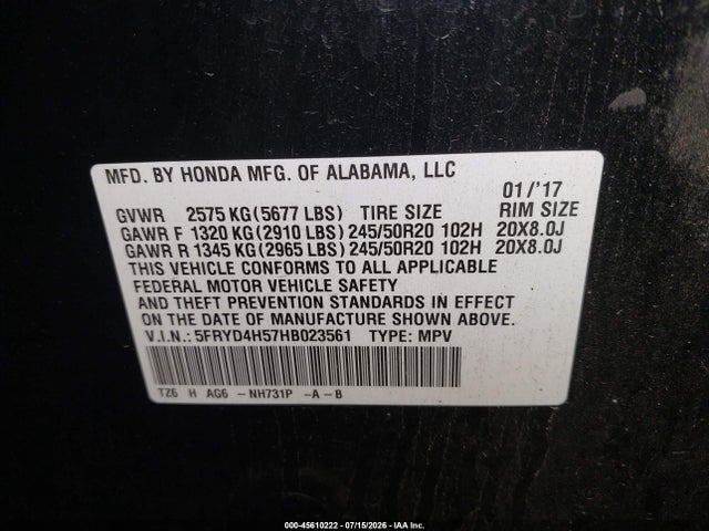 45610222 :رقم المزاد ، 5FRYD4H57HB023561 vin ، 2017 Acura Mdx Technology Package مزاد بيع