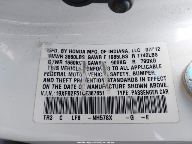 2012 Honda Civic Lx მანქანა იყიდება აუქციონზე, vin: 19XFB2F51CE367651, აუქციონის ნომერი: 45610228