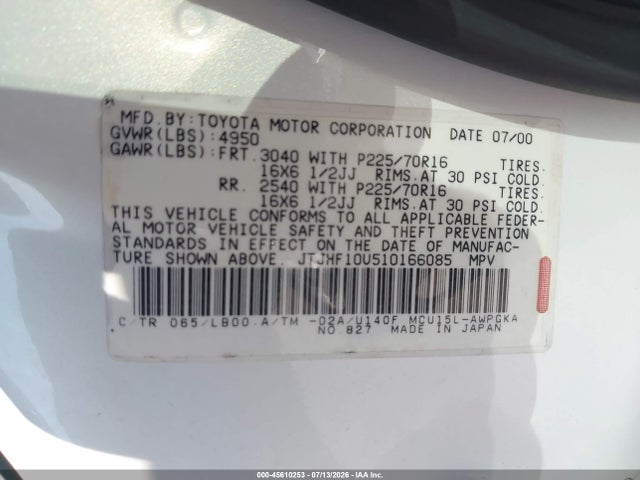 Auction sale of the 2001 Lexus Rx 300, vin: JTJHF10U510166085, lot number: 45610253