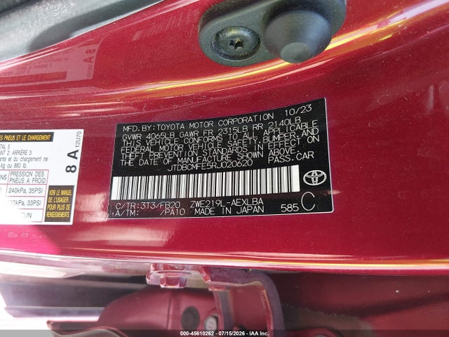 2024 Toyota Corolla Hybrid Le მანქანა იყიდება აუქციონზე, vin: JTDBCMFE5RJ020620, აუქციონის ნომერი: 45610262