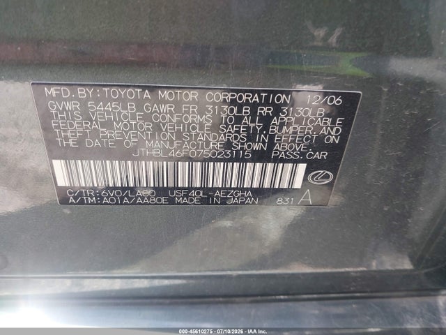 Aukcja sprzedaży 2007 Lexus Ls 460, vin: JTHBL46F075023115, numer aukcji: 45610275