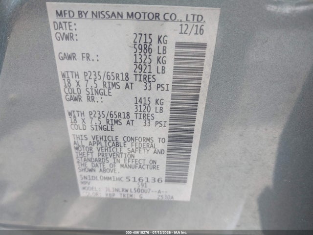 Aukcja sprzedaży 2017 Infiniti Qx60, vin: 5N1DL0MM1HC516136, numer aukcji: 45610276