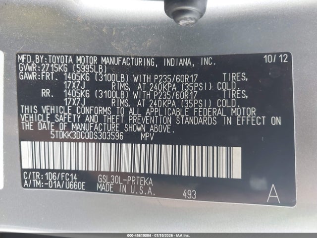 Продаж на аукціоні авто 2013 Toyota Sienna Le V6 8 Passenger, vin: 5TDKK3DC0DS303596, номер лоту: 45610284