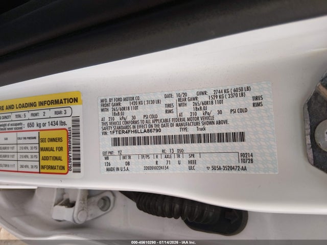 Aukcja sprzedaży 2020 Ford Ranger Lariat, vin: 1FTER4FH6LLA86790, numer aukcji: 45610290