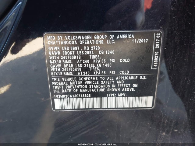 Продажа на аукционе авто 2018 Volkswagen Atlas 3.6l V6 Sel, vin: 1V2MR2CA1JC545825, номер лота: 45610294