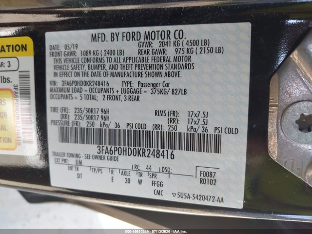 Продаж на аукціоні авто 2019 Ford Fusion Se, vin: 3FA6P0HD0KR248416, номер лоту: 45610349