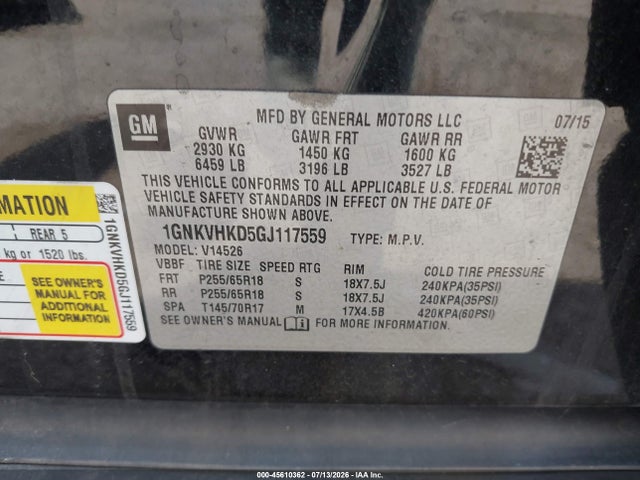 Chevrolet Traverse Lt 2016 1GNKVHKD5GJ117559 Image 9