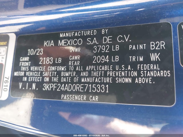 Aukcja sprzedaży 2024 Kia Forte Lxs, vin: 3KPF24AD0RE715331, numer aukcji: 45610363