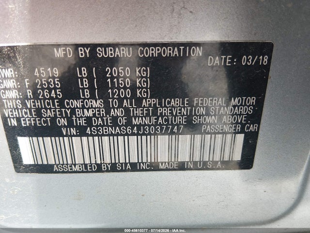 Продаж на аукціоні авто 2018 Subaru Legacy 2.5i Sport, vin: 4S3BNAS64J3037747, номер лоту: 45610377