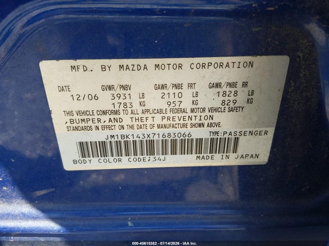 2007 Mazda Mazda3 S Sport მანქანა იყიდება აუქციონზე, vin: JM1BK143X71683066, აუქციონის ნომერი: 45610382