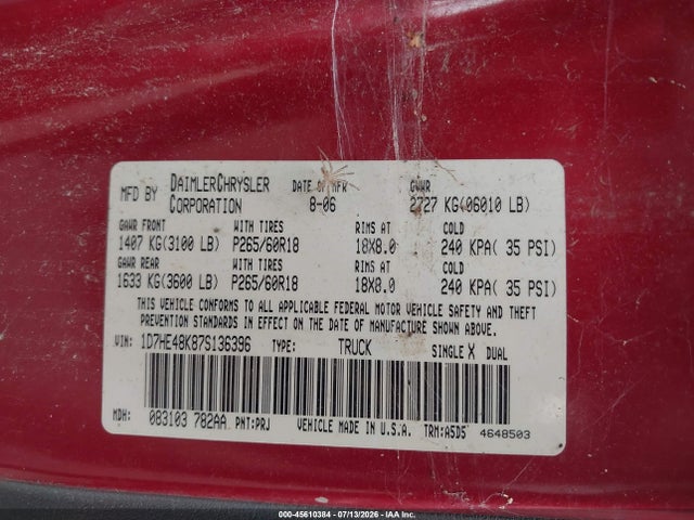 45610384 :رقم المزاد ، 1D7HE48K87S136396 vin ، 2007 Dodge Dakota Slt مزاد بيع