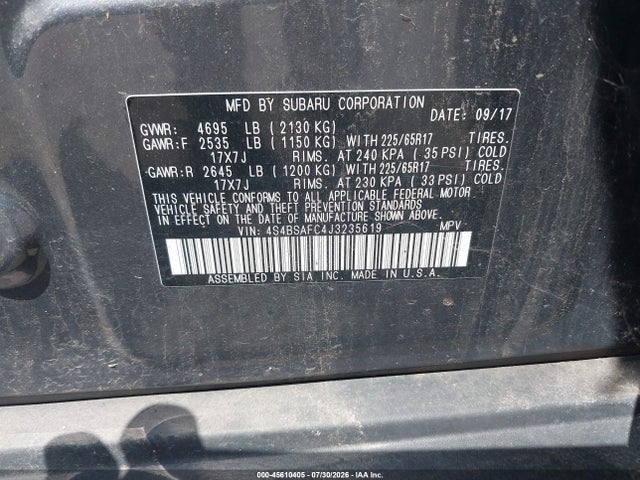 45610405 :رقم المزاد ، 4S4BSAFC4J3235619 vin ، 2018 Subaru Outback 2.5i Premium مزاد بيع