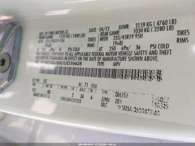 Aukcja sprzedaży 2013 Ford Escape Titanium, vin: 1FMCU0J99DUD39428, numer aukcji: 45610410