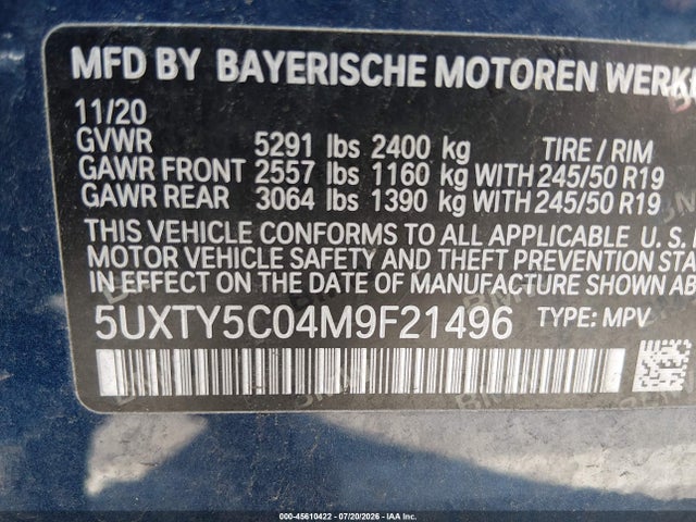 45610422 :رقم المزاد ، 5UXTY5C04M9F21496 vin ، 2021 Bmw X3 Xdrive30i مزاد بيع
