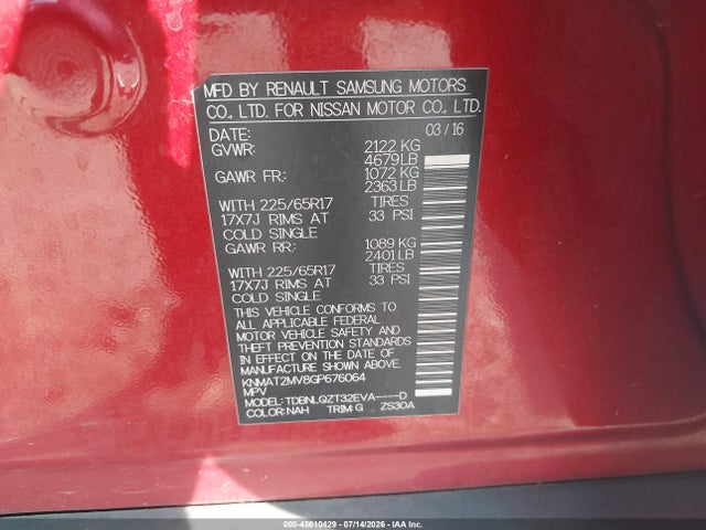 Nissan ROGUE SV 2016 KNMAT2MV8GP676064 Image 9