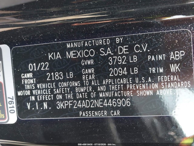 Aukcja sprzedaży 2022 Kia Forte Lxs, vin: 3KPF24AD2NE446906, numer aukcji: 45610430