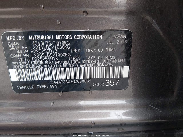 2016 Mitsubishi Outlander Sport 2.0 Es მანქანა იყიდება აუქციონზე, vin: JA4AP3AU7GZ060635, აუქციონის ნომერი: 45610443