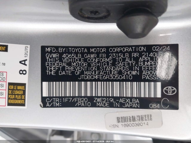 2024 Toyota Corolla Hybrid Le მანქანა იყიდება აუქციონზე, vin: JTDBCMFE6R3050410, აუქციონის ნომერი: 45610451