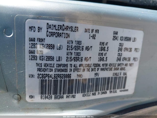 Продаж на аукціоні авто 2002 Chrysler Town & Country Limited, vin: 2C8GP64L62R628086, номер лоту: 45610469
