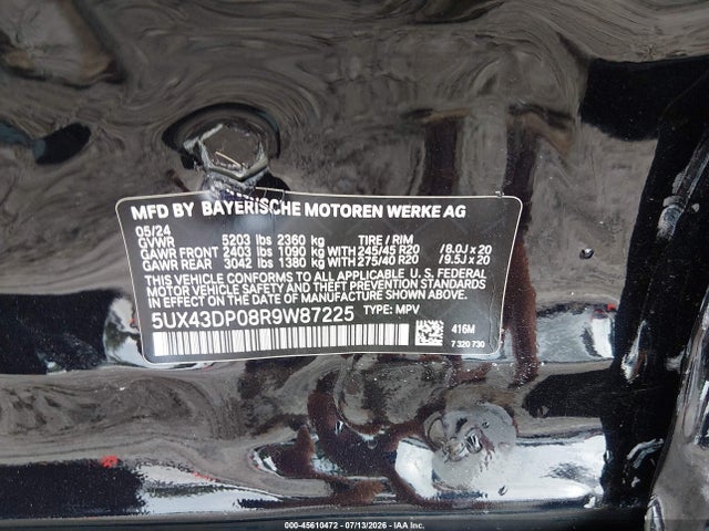 45610472 :رقم المزاد ، 5UX43DP08R9W87225 vin ، 2024 Bmw X3 Sdrive30i مزاد بيع