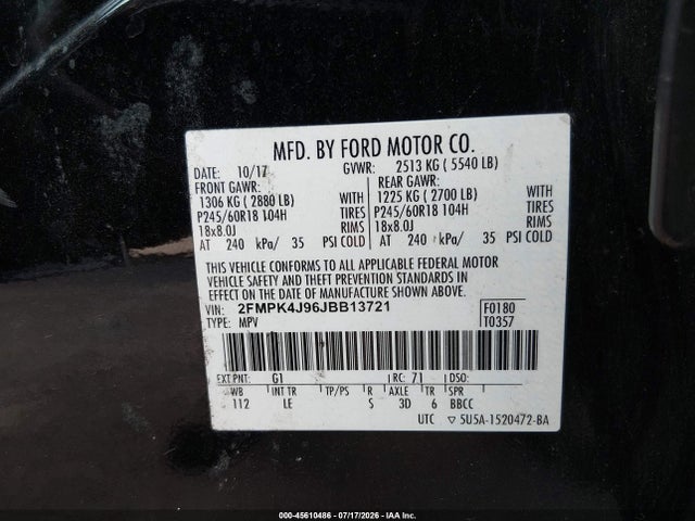 2018 Ford Edge Sel მანქანა იყიდება აუქციონზე, vin: 2FMPK4J96JBB13721, აუქციონის ნომერი: 45610486