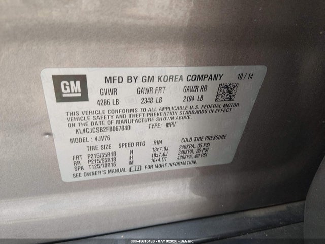 Продаж на аукціоні авто 2015 Buick Encore Leather, vin: KL4CJCSB2FB067040, номер лоту: 45610490