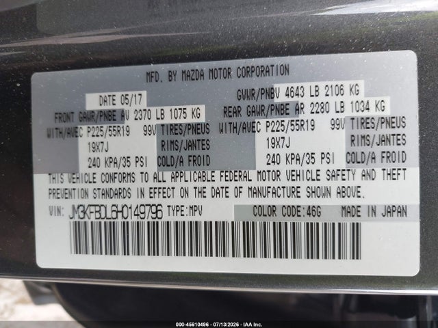 2017 Mazda Cx-5 Grand Touring მანქანა იყიდება აუქციონზე, vin: JM3KFBDL6H0149796, აუქციონის ნომერი: 45610496