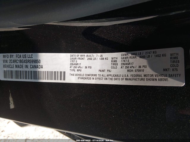 45610508 :رقم المزاد ، 2C4RC1BG4SR599850 vin ، 2025 Chrysler Pacifica Select مزاد بيع
