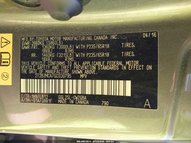 45610513 :رقم المزاد ، 2T2BZMCA7GC030795 vin ، 2016 Lexus Rx 350 مزاد بيع