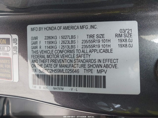 2021 Acura Rdx Technology Package მანქანა იყიდება აუქციონზე, vin: 5J8TC2H59ML025646, აუქციონის ნომერი: 45610517