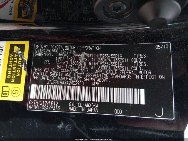 Продажа на аукционе авто 2010 Lexus Rx 450h, vin: JTJZB1BAXA2402950, номер лота: 45610537