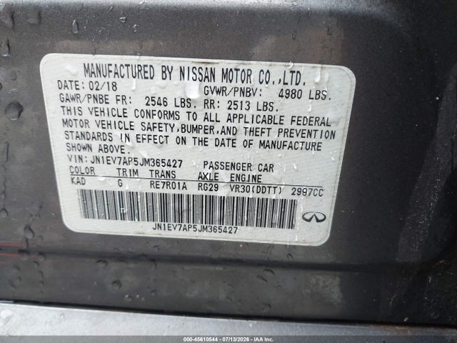 45610544 :رقم المزاد ، JN1EV7AP5JM365427 vin ، 2018 Infiniti Q50 3.0t Luxe مزاد بيع