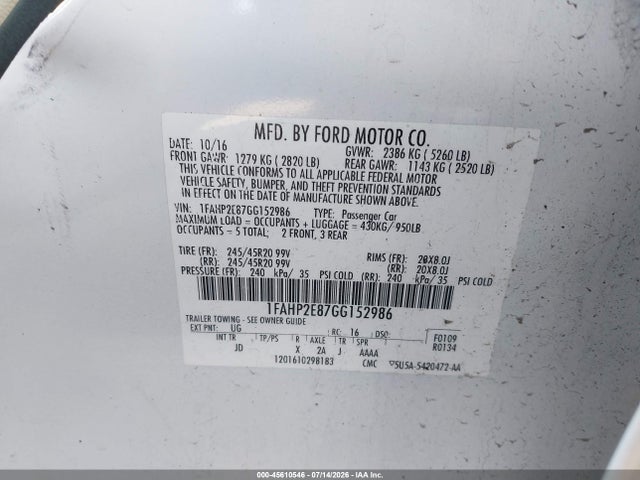 Ford TAURUS SEL 2016 1FAHP2E87GG152986 Image 9