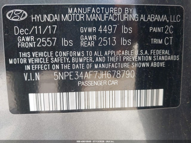 45610549 :رقم المزاد ، 5NPE34AF7JH678790 vin ، 2018 Hyundai Sonata Limited مزاد بيع